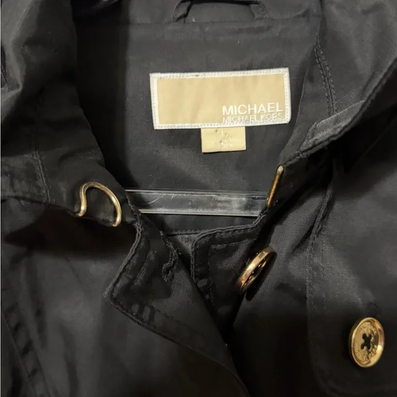 MICHAEL Michael Kors Black Trench Coat Size Small Gold Button Down Hooded - Picture 6 of 13
